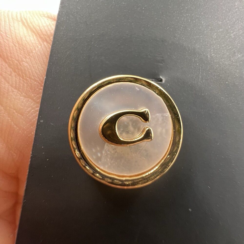 COACH STUD EARRINGS GOLD TONE Mother Of Pearl 0.4” NEW YORK SIGNATURE LOGO GIFT - Picture 13 of 14